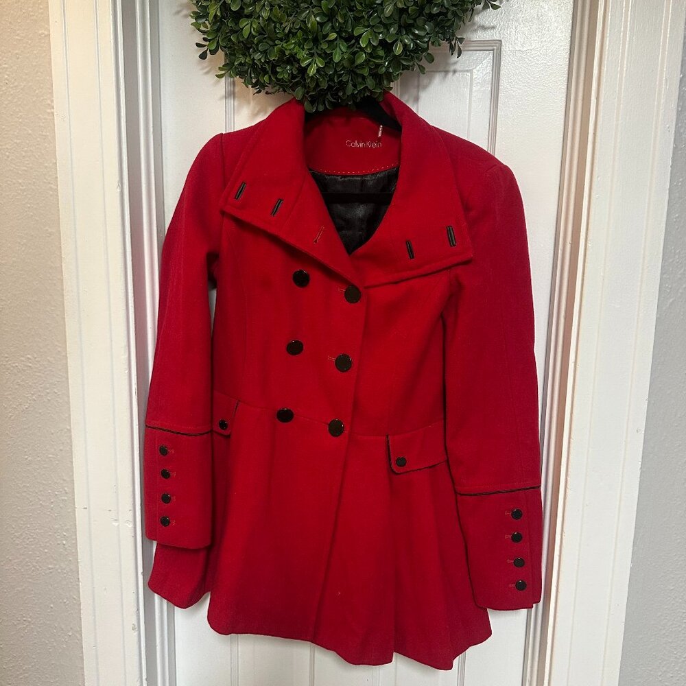 Calvin Klein Red Women's Pleated Pea Coat-Size estimated small